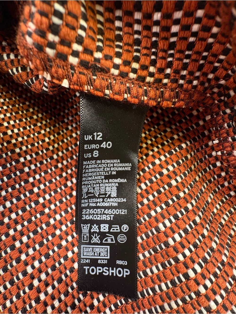 Topshop Black, White & Rust Printed Skirt – Size 8 - Picture 10 of 12
